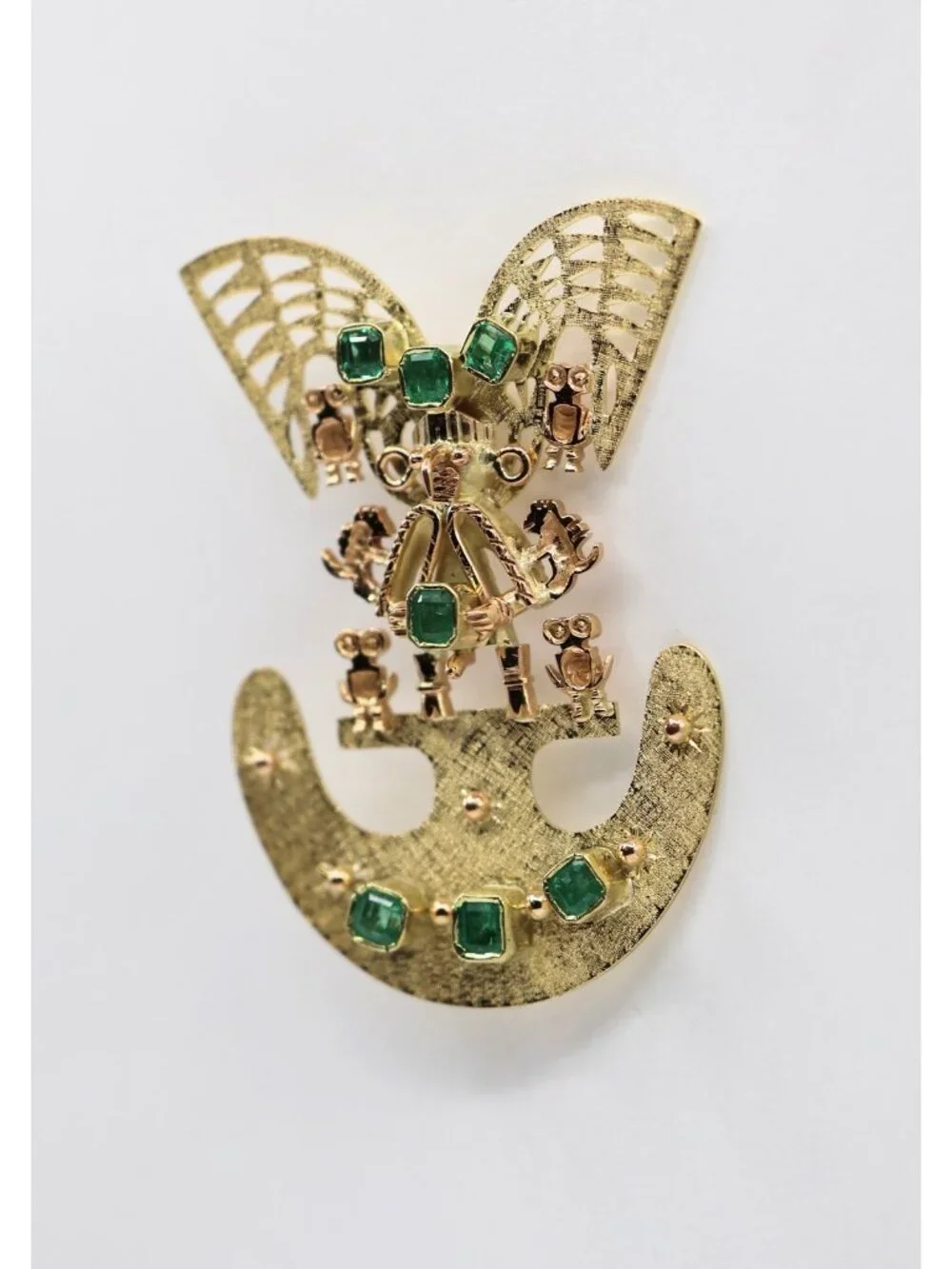 Vintage 18K Gold 7 Emerald Tairona Pre Columbian Brooch Pendant 22.7g Estate Art